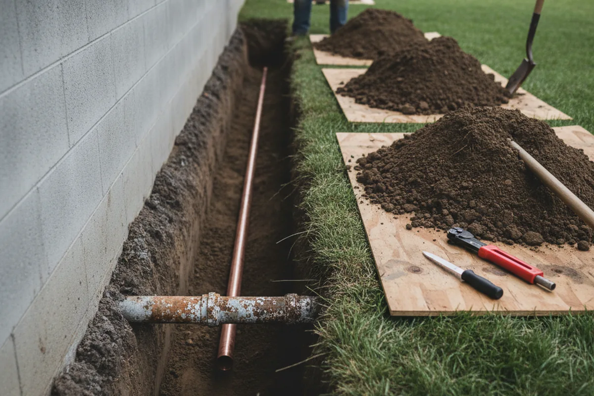 Excavated water line trench during Sewer Line Repair in Ghent